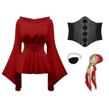Imagem de 4 peças de fantasia de pirata feminina - inclui camisa renascentista feminina, espartilho pirata bandana - roupa de cosplay de carnaval de Halloween (vermelho, PP)