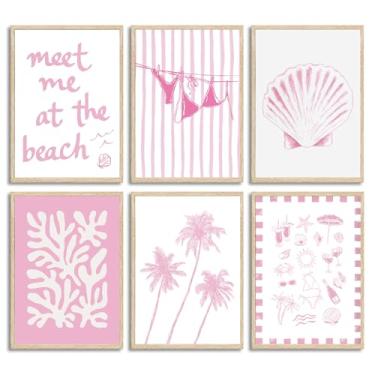 Imagem de ZUGHRERF 6 peças de arte de parede em tela costeira rosa moderna praia preppy neta pintura estética conchas biquíni pôster arte impressa para quarto de meninas dormitório decoração de casa 30,5 x 40,6