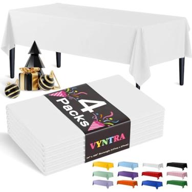 Imagem de Vyntra Toalhas de mesa brancas descartáveis de plástico retangular de 137 x 262 cm, pacote com 4 – capas de mesa de festa para aniversário, casamento, formatura e chá de bebê – impermeável, à prova de