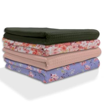 Imagem de IXORA DECOR Conjunto de 4 toalhas de cozinha 100% algodão | 2 panos de prato de trama waffle tingidos sólidos e impressão digital floral toalha de cozinha e mesa | Guardanapos super absorventes | 127