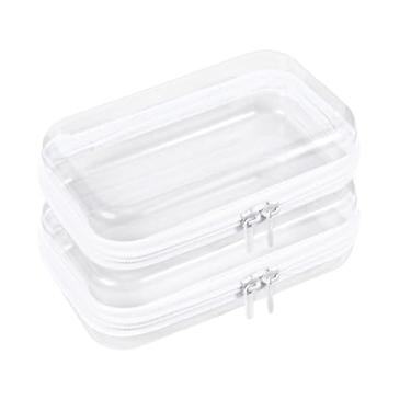 Imagem de 2 peças de estojo rígido transparente com zíper, bolsas portáteis com zíper, capa rígida, caixa de armazenamento de plástico transparente à prova d'água com zíperes duplos para cosméticos, artigos de