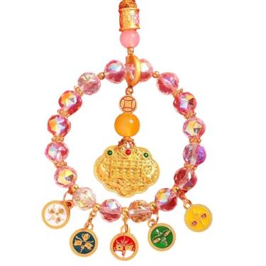 Imagem de Chiorgone Enfeites chineses para pendurar cinco deuses da riqueza - amuleto de bloqueio de ábaco com contas de cristal com tom dourado e pingentes esmaltados - Ornamento para pendurar no espelho