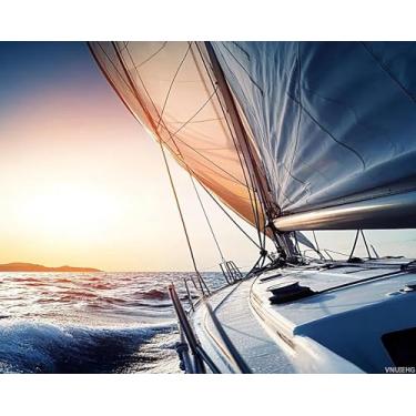 Imagem de VNUIEHG Kit de pintura por números para adultos veleiro 40,6 x 50,8 cm DIY Color by Numbers Tinta acrílica sem moldura Kits de pintura em tela para iniciantes