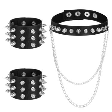 Imagem de 3 peças de pulseiras de couro com pontas, gargantilha cravada, conjunto de punhos, acessórios de colarinho gótico, roupas de Puck Rock para homens e mulheres