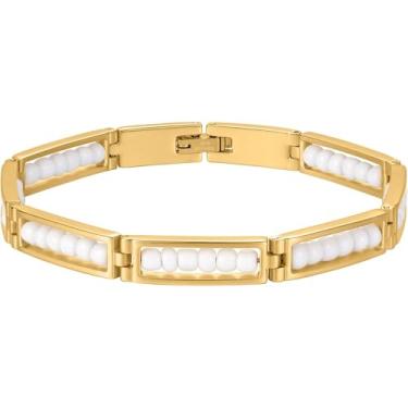 Imagem de Pulseira Santeria com contas, fio branco dourado de 20 cm, estilo moderno, ajustável com fecho lagosta