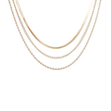 Imagem de Gleezen Conjunto de colar de corrente banhada a ouro de 3 camadas, corrente de cobra, corrente de corda e corrente de elos, joias delicadas em camadas para mulheres