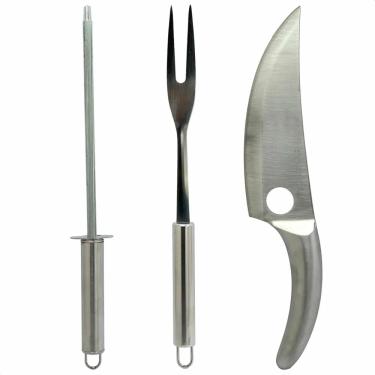 Imagem de Kit Churrasco Profissional em Aço Inox, Faca 30cm com Lâmina 17,5cm, Garfo e Chaira, Conjunto 3 Peças para Churrasqueiro