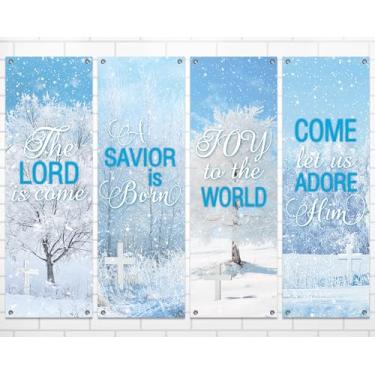 Imagem de chiazllta 4 peças de banners de igreja de floco de neve de inverno para parede de santuário pano de fundo religioso pendurado versículo da Bíblia cristã banner floco de neve placas inspiradoras de