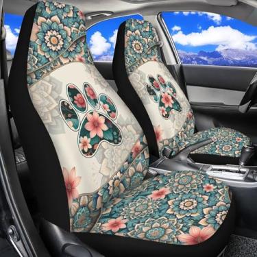 Imagem de Dreaweet Capas de assento de carro com estampa de pata de cachorro para mulheres, acessórios de carro boho fofos, interiores, 2 peças, capa de assento de carro lavável, apenas assentos dianteiros