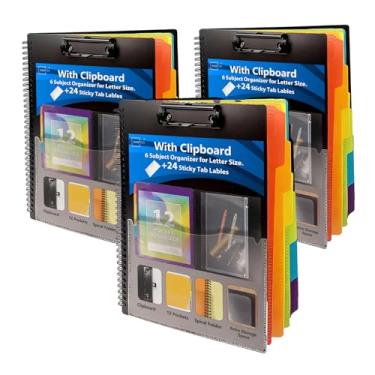 Imagem de Binditek Pacote com 3 pastas fólio de prancheta de plástico, divisórias de 6 cores com abas cortadas em 1/6, organizador de projetos de 12 bolsos, bolsa interna com zíper, prancheta de armazenamento