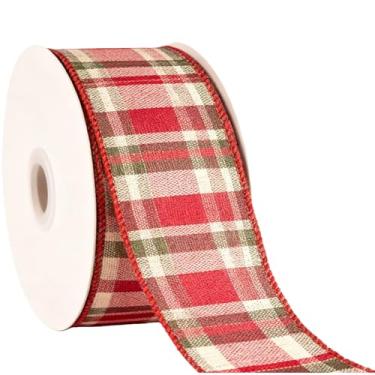 Imagem de Meseey Fita xadrez de serapilheira de musgo vermelho e marfim búfalo 10 x 10 jardas de Natal xadrez tartan fitas com fio para arco grande, guirlanda de outono, embrulho de presente, artesanato