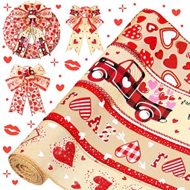Imagem de Dingion 4 rolos de fita vermelha com fio para dia dos namorados para grinaldas, coração de caminhão de 6 cm, fita com fio para presente de embrulho de laço de dia dos namorados, decoração de férias