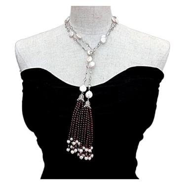 Imagem de URMIBDAI Colares femininos 12 mm cultivada moeda branca pérola rosário colar granada borla colar longo Lariat