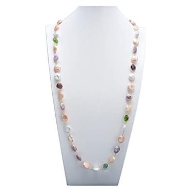 Imagem de URMIBDAI Colares femininos joias branco roxo moeda keshi pérola cristal cristal moeda suéter corrente colar longo feito à mão para mulheres