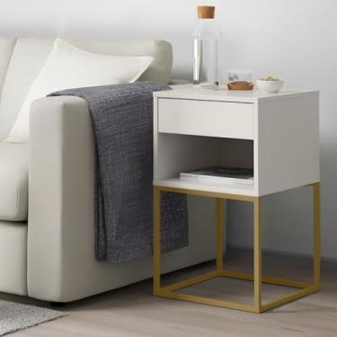 Imagem de Mesa de Cabeceira Sofia Pés em Aço Industrial 1 Gaveta Corrediça Telescópica(Off White/Pé Dourado)