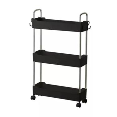 Imagem de Carrinho Organizador Multiuso, 3 Andares, Preto e Inox, com Rodízios 360°, Estrutura em Aço e PP, 62x40x12cm, para Casa e Escritório