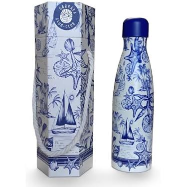 Imagem de Garrafa Térmica de Aço Inoxidável, 500ml, com Tampa Hermética, Base Antiderrapante, Conservação 24h Fria e 12h Quente (Elementos de mar fundo branco)