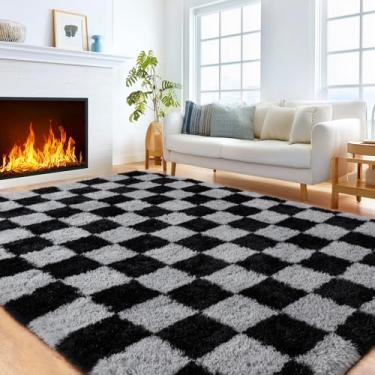 Imagem de Tapetes xadrez para sala de estar 15 x 23 cm, tapete macio e fofo para quarto, tapetes felpudos modernos para quarto de meninas, meninos, casa, berçário de adolescentes, decoração de dormitório