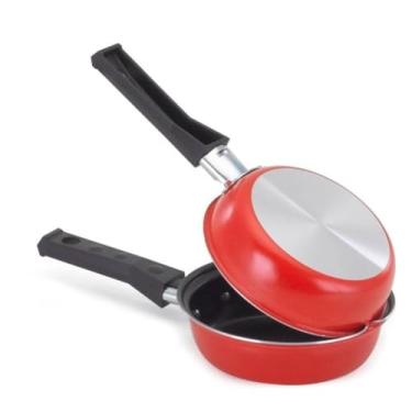 Imagem de Frigideira Dupla Hamburgueira e Omeleteira de Alumínio com Revestimento Antiaderente, Não gruda, Cabo Antitérmico em baquelite Vermelha 14 cm