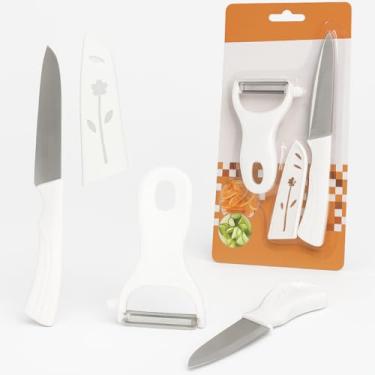 Imagem de Kit Descascador e Faca de Cozinha Legumes de Inox Com Capa Protetora Utensílio Descascar Frutas Cortes Perfeitos Atividade Prática e Funcional Premium