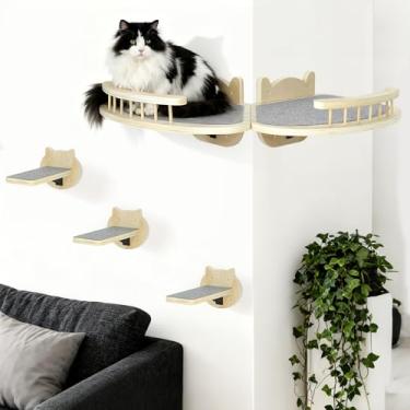 Imagem de Conjunto de móveis de prateleiras de parede para gatos com almofada para arranhões, sistemas de parede de escalada de gatos de madeira com 2 poleiros e 3 degraus, prateleiras flutuantes para cama