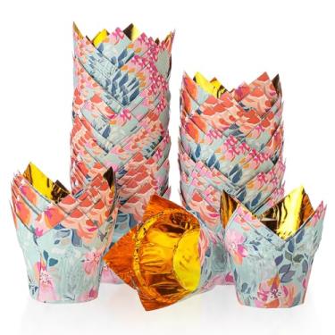 Imagem de Forros de cupcake tulipa de flores, 100 peças, folha dourada de grau alimentício, design floral verde para chá de panela, festa de casamento