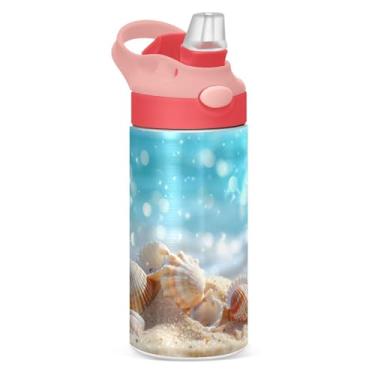 Imagem de Blueangle Garrafa de água tropical de praia de aço inoxidável isolada de 350 ml com tampa de canudo - Garrafa esportiva reutilizável e portátil à prova de vazamento para viagens, ao ar livre (415)