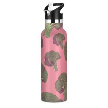 Imagem de ATTX Garrafa de água padrão de brócolis com tampa de palha, copo de aço inoxidável de 590 ml, copo isolado para viagens, ao ar livre #310