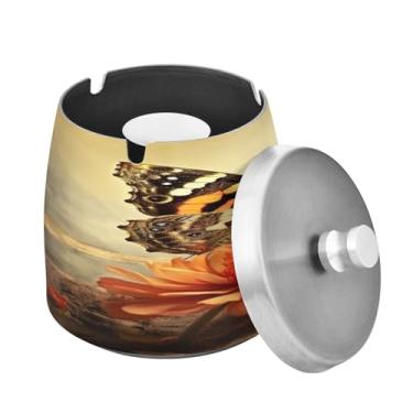 Imagem de Blueangle Cinzeiro Old Grungy Butterfly com tampa para cigarros, à prova de vento/chuva, aço inoxidável, sem fumaça, inodoro, cinzeiro para uso interno ou externo (402)