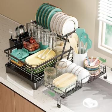 Imagem de NETEL Escorredor de pratos de 2 níveis, escorredor de pratos extensível, escorredor de pratos para balcão de cozinha, coador de pratos com suporte de utensílios e suporte de copo, escorredor de pratos