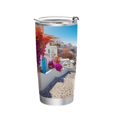 Imagem de Blueangle Copo de 590 ml com tampa e canudo, copo de café com água isolada a vácuo de aço inoxidável, caneca de viagem romântica Villagecore copo térmico para bebidas quentes e frias (83)