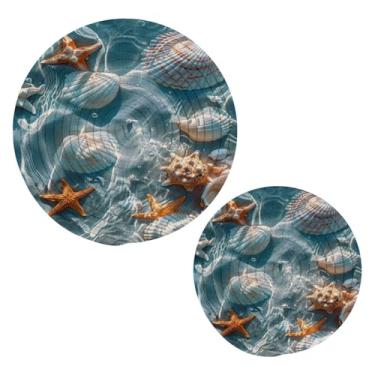 Imagem de Blueangle 2 peças de suporte de panela de praia de verão concha de estrela do mar - conjunto de pegadores de panela de tecido redondo - almofadas quentes trançadas de algodão - porta-copos - tapetes
