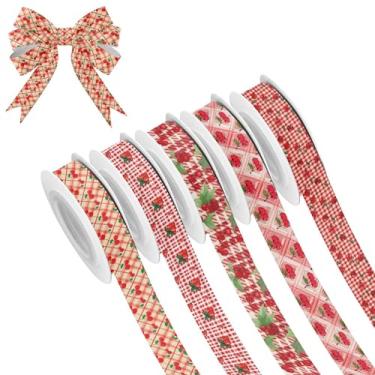 Imagem de SEHANY 5 rolos de fita de Natal 0,59 polegadas 5 jardas fitas de tecido cereja xadrez vermelho festival fitas decorativas de Natal para embrulho de presente DIY artesanato grinalda decoração de férias