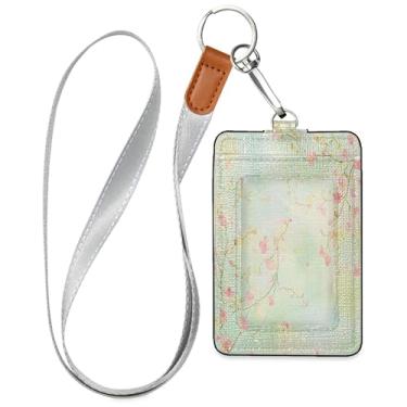 Imagem de SEHANY Porta-crachá de couro de flores silvestres verdes com cordão, porta-crachá de identificação com 1 janela transparente para identidade e 2 compartimentos para cartão para funcionários de
