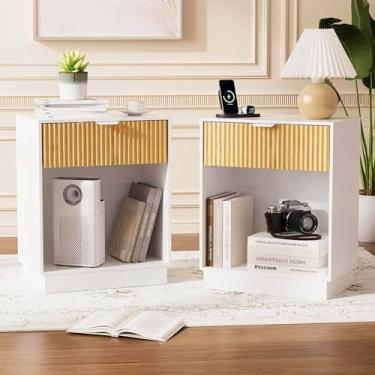 Imagem de Conjunto de 2 mesas-de-cabeceira caneladas, mesa de cabeceira moderna com gaveta e prateleira de armazenamento, mesa de canto de madeira de meados do século para quarto, sala de estar, sofá