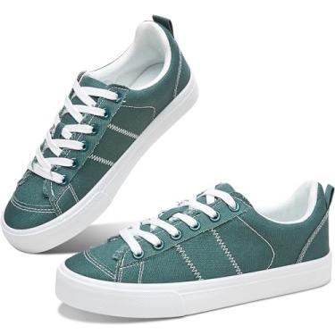 Imagem de Obtaom Tênis feminino de lona bonito com cadarço moderno confortável tênis de skate feminino casual sem salto, Lona verde-oliva, 36