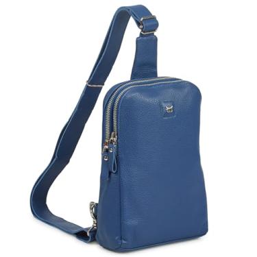 Imagem de Wise Owl Accessories Bolsa tiracolo de couro real para mulheres e homens, bolsa transversal no peito frontal com compartimentos para cartão de crédito, Safira azul napa, 9.5" x 6.5" x 2.5"