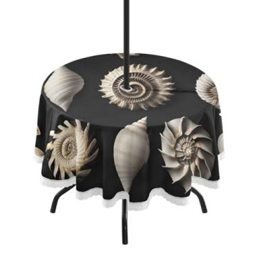 Imagem de CEBUGI Toalha de mesa redonda para uso externo com padrão de concha impermeável com orifício Umberlla, capa de mesa lavável para pátio, cozinha, sala de jantar 152 cm