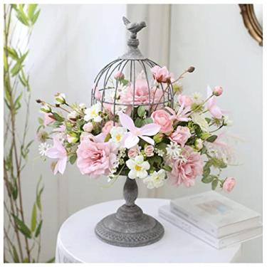 Imagem de LMJYU Flores artificiais para decoração Flores artificiais com vaso de gaiola vintage Hortênsia falsa arranjos artificiais em vaso