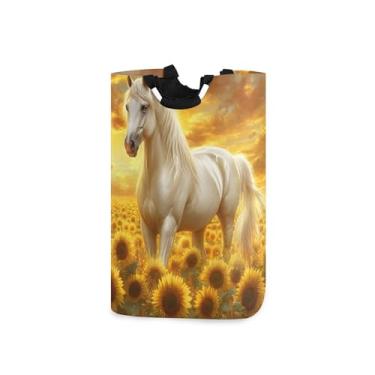 Imagem de xigua Suporte de cavalo no campo de girassol, grande cesto de roupa suja com alça, cesto de roupas dobrável para organização de brinquedos e roupas no quarto, banheiro e lavanderia
