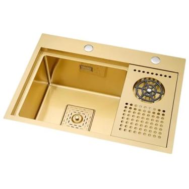 Imagem de PVXMQFFA Pia de cozinha de aço inoxidável 304 placa de cobertura invisível dourada tanque único de aço inoxidável pia pequena ilha com lavadora de copos de alta pressão (cor: ouro, tamanho: 52 * 39