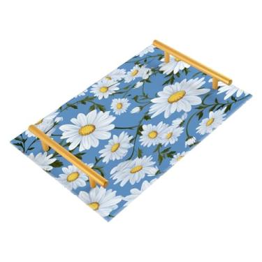 Imagem de Wassud Bandeja de banheiro com estampa de margarida branca com alças, organizador de perfume de joias de acrílico para banheiro, quarto, cozinha, balcão de 30 x 20 cm