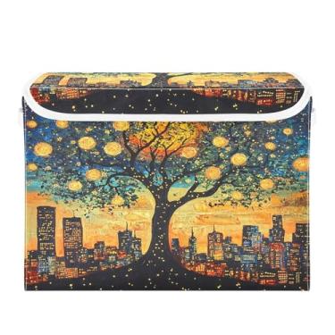 Imagem de CEBUGI Caixotes de armazenamento com tampas, caixa de armazenamento de tecido dobrável, árvore com estrelas, compartimentos organizadores de armazenamento para armário de casa prateleiras de quarto 40