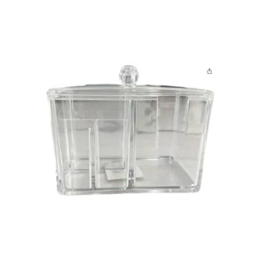 Imagem de Porta Algodão Multiuso Transparente com Tampa e Divisórias, Plástico, 10x10.5x14.5cm, Organizador para Banheiro e Cozinha