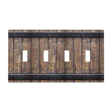 Imagem de Wmhusu Capa de interruptor de luz rústica porta de celeiro vintage placa de madeira country 4 placas de interruptor de interruptor quádruplo placas de parede placa decorativa de tomada elétrica para