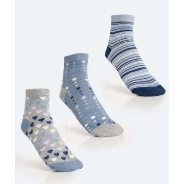 Imagem de Kit 3 Pares Meias Soquete Feminina Estampadas Marisa-18242, 34a39, Azu