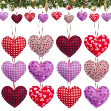 Imagem de 12 peças de enfeites de coração de feltro para pendurar, decoração de tecido Buffalo Check para árvore de Natal, festa de casamento, aniversário, artesanato, decoração de férias em casa