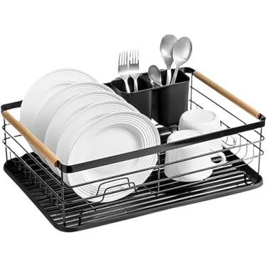 Imagem de Escorredor de Louça de Aço Preto com Alças de Madeira – Suporte 9 Pratos + Porta Talheres – Design Elegante e Moderno