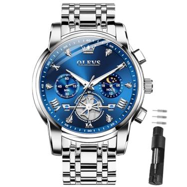 Imagem de OLEVS Relógios masculinos com cronógrafo, luxuoso, de aço inoxidável, mostrador grande, multifunções, fácil de ler, diamante numerais romanos, relógio de pulso de negócios Reloj para Hombre, Pulseira