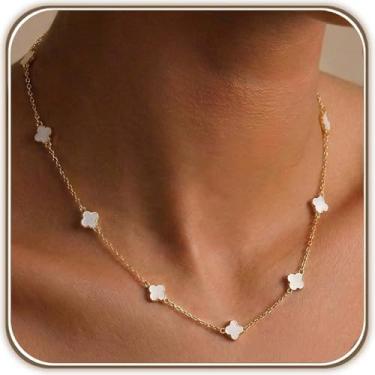 Imagem de Billet-doux Colar de trevos minúsculos banhado a ouro 14K para mulheres - Colar de trevo de folha branca e dourada, joias modernas ajustáveis para presentes